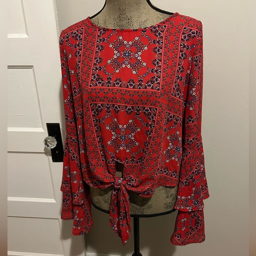 Altar’s State Country Americana Long Flouncy Sleeve Tie Crop Top Blouse